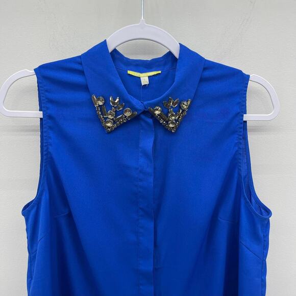 Gianni Bini Bright Blue Gray Rhinestone Sleeveless Button Down Blouse - Picture 3 of 6